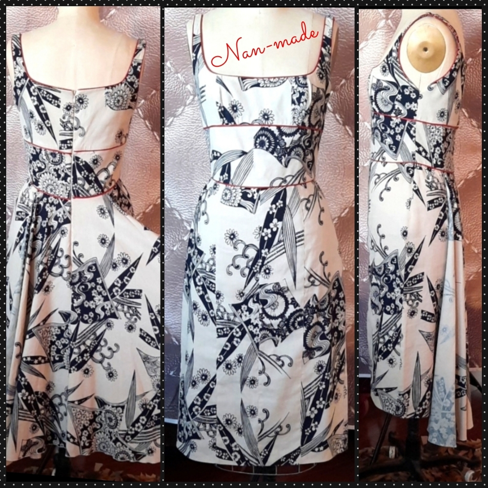 Nan-made Linen 50s Style Dress with Train Red Leather Piping